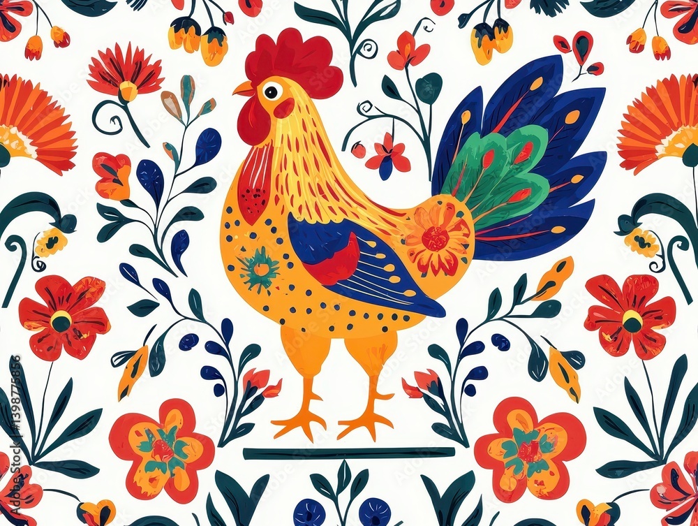 Obraz premium Festive folk art rooster surrounded by colorful floral patterns, creating a vibrant and whimsical design on a white backdrop.