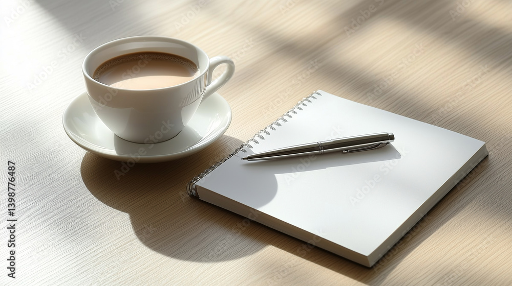 A notebook and pen with a coffee cup on a wooden desk A notebook and pen with a coffee cup on a wooden desk