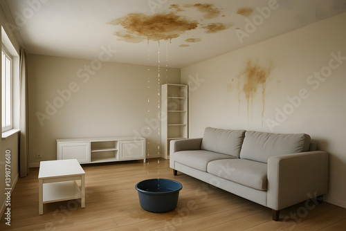 Water Damage Stain on Ceiling with Dripping Leak