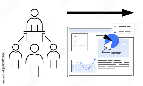 Hierarchical team structure directing toward analytics dashboard with charts, graphs, and data insights. Ideal for teamwork, analytics, leadership, strategy, workflow, collaboration simple landing