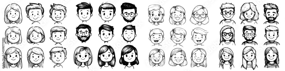 Diverse collection of hand-drawn characters expressing various emotions from joy to contemplation in a lively and creative style Diverse collection of hand-drawn characters expressing various emotions from joy to contemplation in a lively and creative style