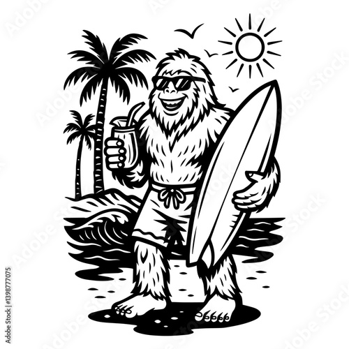 Cartoon Yeti holding a surfboard on the beach in black and white line art. Fun and bold design