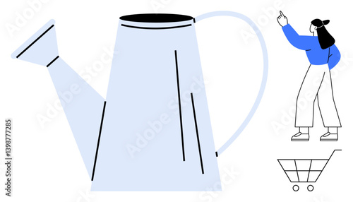 Oversized watering can next to a woman gesturing towards it with an empty shopping cart. Ideal for gardening, eco-friendly lifestyle, shopping, sustainability, environmental care, growth, simplicity
