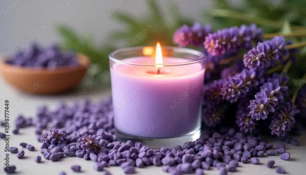 Lavender candle burning in glass holder, flowers around, cozy spa vibe.