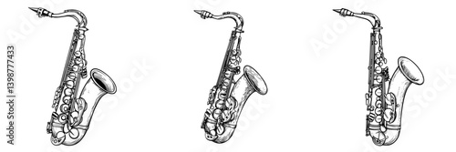 Vintage style saxophones with intricate designs on display in a creative setting illustrating musical craftsmanship