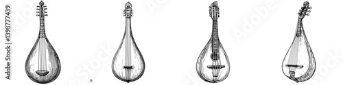 Detailed illustrations of various traditional string instruments from different cultures showcasing their unique designs and shapes