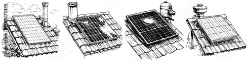 Solar panel installations on rooftops exhibit different configurations and conditions under sunlight in a residential area