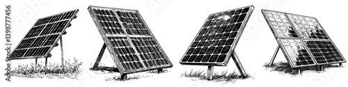Multiple solar panels in various orientations collecting sunlight in a sunny outdoor setting