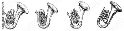 Multiple tuba illustrations showcasing unique designs and angles for music enthusiasts and instrument lovers