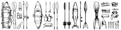 Exploring underwater adventures with an array of spearfishing gear and accessories displayed on a simple background