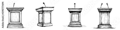 Various podium designs in monochrome showcasing different styles suitable for public speaking events