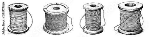 Detailed sketches of sewing spools displaying various thread arrangements and textures in a minimalist style