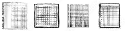 Hand-drawn illustrations of various types of table layouts for organizing data and information, showcasing different styles and structures