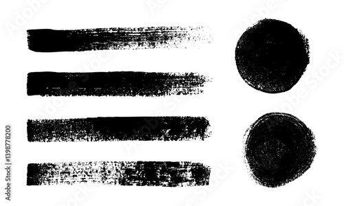 Set of black grunge brush strokes and ink spots isolated on white background, abstract textured artistic elements for design, digital artwork, decor, and creative projects