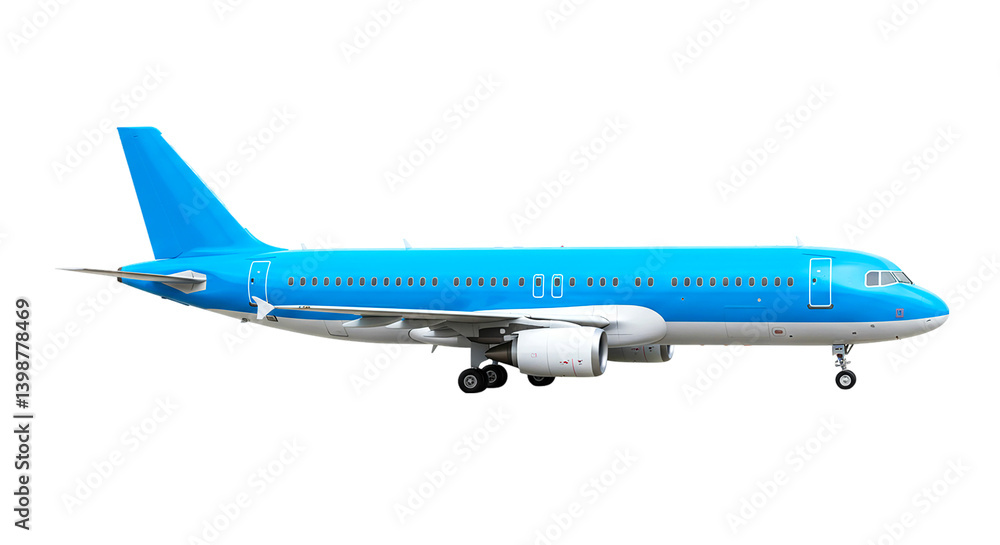 A side view of a blue and white passenger airplane isolated on a black background in a studio shot A side view of a blue and white passenger airplane isolated on a black background in a studio shot