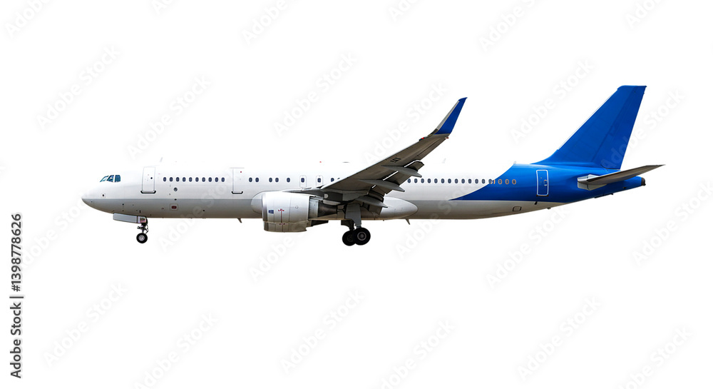 Obraz premium Side view of a white airplane with blue tail and wings against a black background in daylight