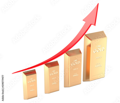 Golden bars with red growth arrow. 3D rendering isolated on transparent background