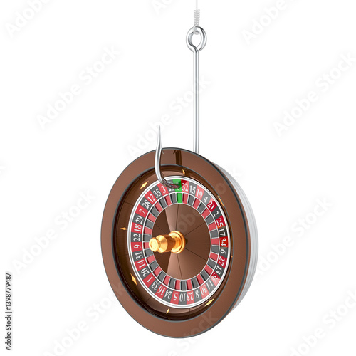 Fishing hook with Casino Roulette Wheel. Gambling Addiction, concept. 3D rendering isolated on transparent background