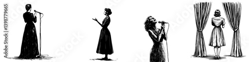 Silhouettes of women performing on stage in vintage styles during a theatrical event in a dimly lit setting