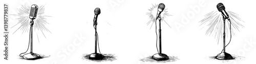 Different styles of vintage microphones on display highlighting the evolution of audio recording technology