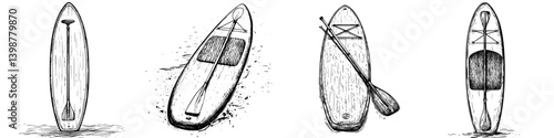 Design evolution of stand-up paddleboards showcasing varying styles, features, and equipment throughout different eras