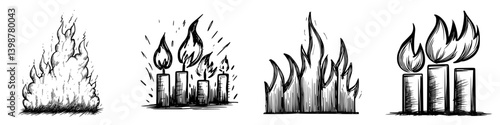 Fire flames illustrated in distinct styles depicting various sizes and shapes of flames with contrasting backgrounds