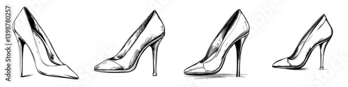 Collection of elegant high-heeled shoes in various styles and designs on a white background showcasing modern fashion trends