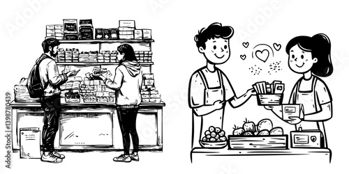 Customers shopping at a market while a cashier assists with a purchase at a local grocery store
