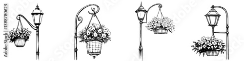 Elegant street lamps adorned with flower baskets in a quaint urban setting during daytime