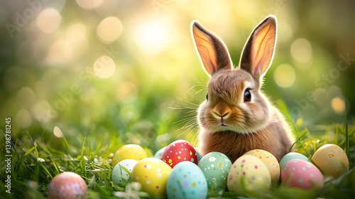 A cute easter bunny surrounded by colorful easter eggs in a grassy field.