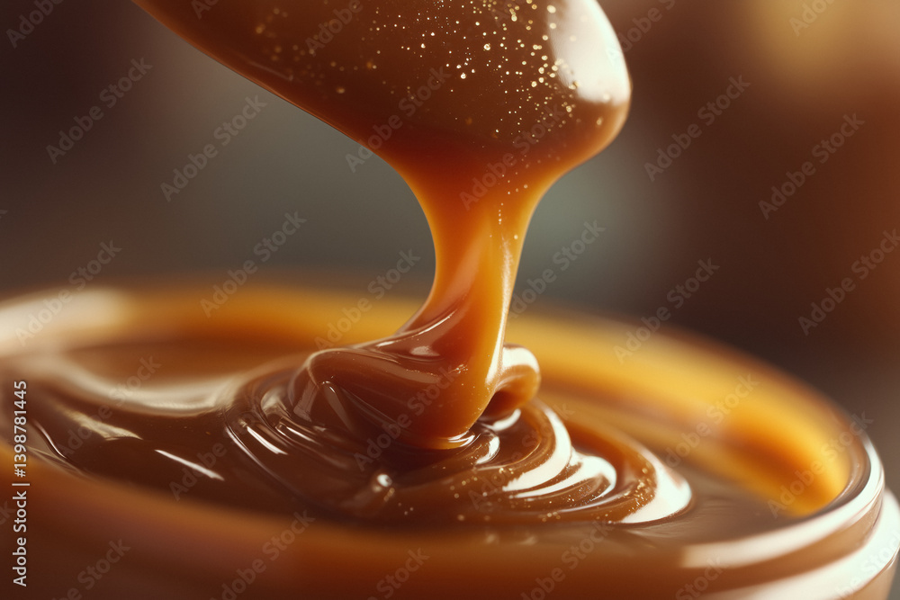 Spoon pouring dulce de leche into a jar.