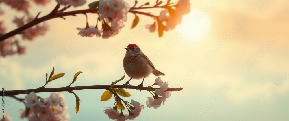 Bird perched on a branch with blossoming flowers in a serene, sunlit ambiance. Peaceful spring scene.