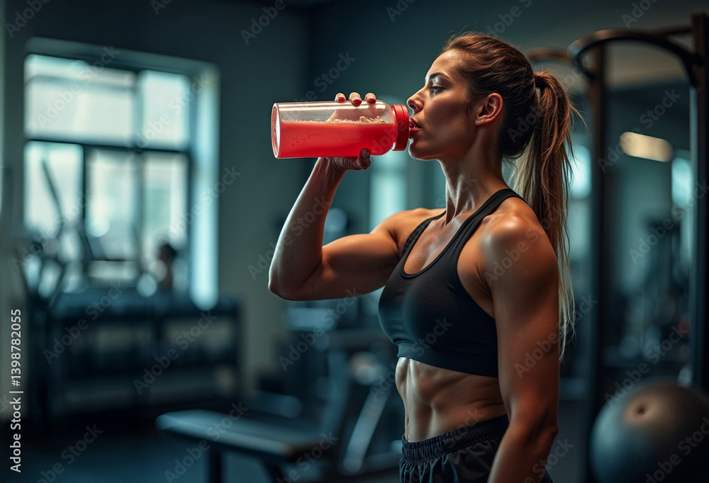 Fototapeta premium A fitness woman is drinking from a bottle.