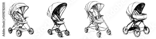 Different types of baby strollers displayed in various positions for showcasing features and designs