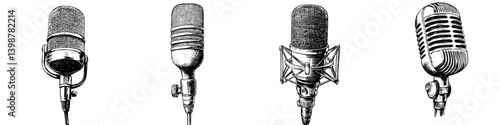 Different styles of microphones displayed together at an audio equipment showcase highlighting sound technology and design features
