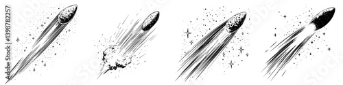 Rocket launches into space showcasing stages of ignition and ascent through a starry background