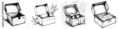 Various types of open boxes displaying contents and plants in an illustrated style