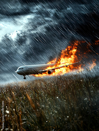 Obraz na płótnie A plane ablaze crashes into a field during a torrential rainstorm under a dramatically dark and stormy sky. w salonie