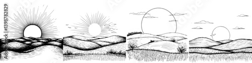 Sunrise series featuring four unique landscapes with the sun at different stages above rolling hills