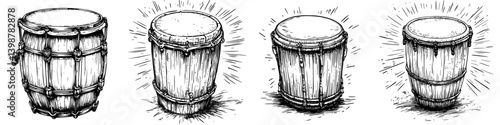 Various styles of conga drums with detailed illustrations showcasing traditional percussion instruments in a rhythmic display