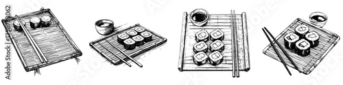 Various sushi platters served on bamboo trays with chopsticks and soy sauce presented in an artistic style
