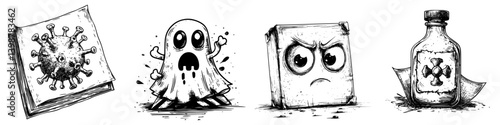 Illustrations of spooky elements including viruses, ghosts, and bottles in a whimsical style