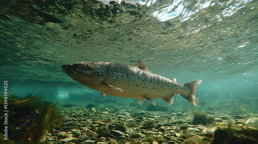 Fototapeta premium A serene underwater scene showcasing a salmon gliding through clear river waters, exuding tranquility and grace.