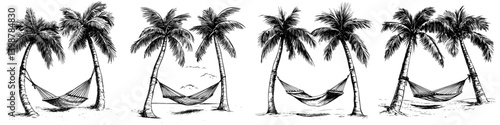 Relaxing hammocks swaying between palm trees on a serene beach landscape during sunset hours