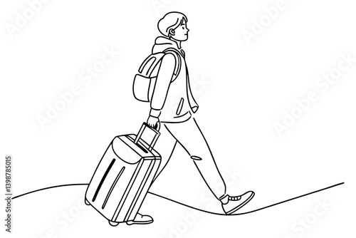 Single Line Art of Refugee with Luggage