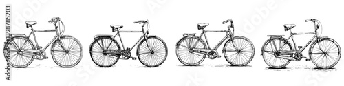 Different bicycle designs lined up on a white background showcasing their unique features and styles in a playful arrangement