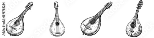 Hand-drawn sketches of four unique string instruments displayed in a row in a decorative style