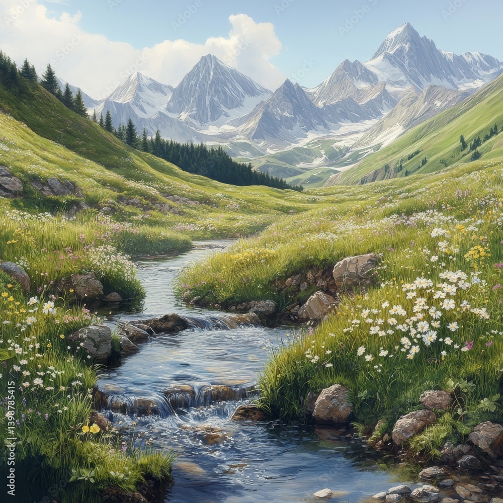 a high mountain meadow with a crystalclear brook reflecting the surrounding peaks isolated on a plain background a vibrant alpine meadow dotted with wildflowers and a meandering brook a high mountain meadow with a crystalclear brook reflecting the surrounding peaks isolated on a plain background a vibrant alpine meadow dotted with wildflowers and a meandering brook