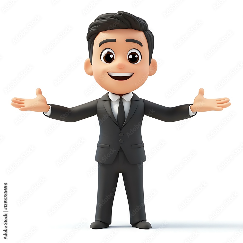 Welcoming Figure: A friendly cartoon businessman in a suit, his arms wide open in a gesture of welcome. Capturing open, approachable, and inclusive concept. Welcoming Figure: A friendly cartoon businessman in a suit, his arms wide open in a gesture of welcome. Capturing open, approachable, and inclusive concept.