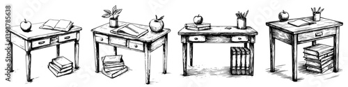 Desks arranged in a study area with books, plants, and stationery during an educational setting at midday
